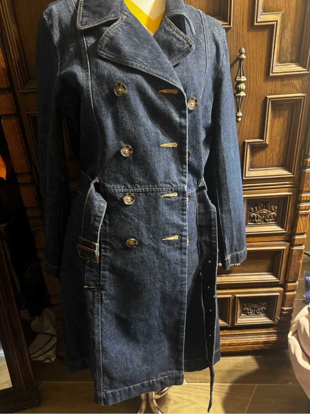 Dark Blue Denim Trench Coat with Belt